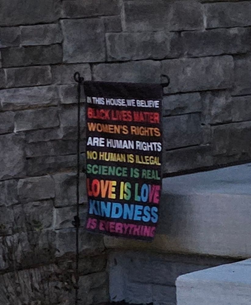 A small yard flag hanging outside a home. A stone facade and part of concrete steps show in the background. The flag reads.
"In this house we believe
Black Lives Matter
Women's rights are human rights 
No human is illegal 
Science is real 
Love is love 
Kindness is everything 