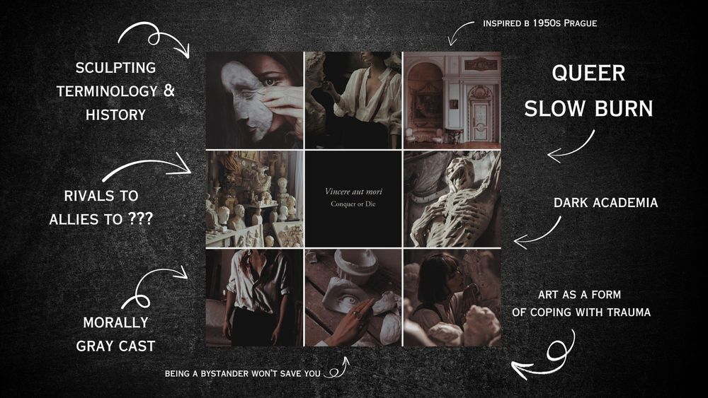 Image with a dark academia aesthetic and list of tropes: sculpting terminology and history, rivals to allies to ???, morally gray cast, queer slow burn, inspired by 1950s Prague, dark academia, art as a form of coping with trauma