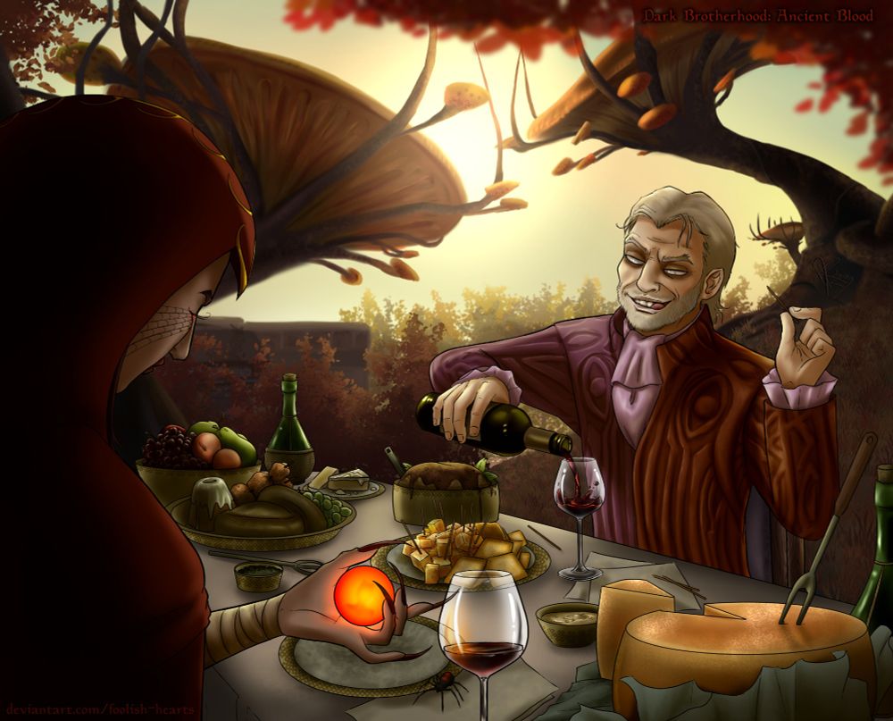 A hooded figure sits at a long fancy table with an older gentleman who is pouring a glass of wine. Cheese, bread, and sweets on the table. Giant tree-sized mushrooms in the distance behind them.