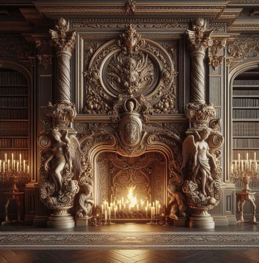 an intricately carved fireplace with a rug carpet in front, bookcases on the sides, and candles lit on the sides