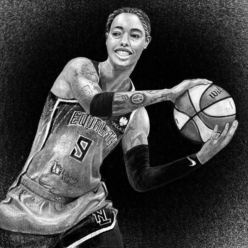 Digital black and white drawing of Natasha Cloud holding a basketball and smiling