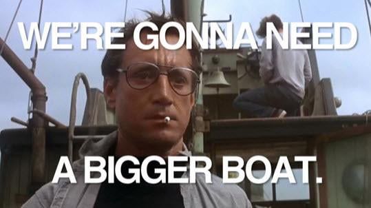 Photo from “Jaws (1975)”. Roy Scheider looks off the back of his boat at an unseen great white shark. The text is his famous line from this moment, when he steps back, stunned at the size of the shark: “We’re going to need a bigger boat.”