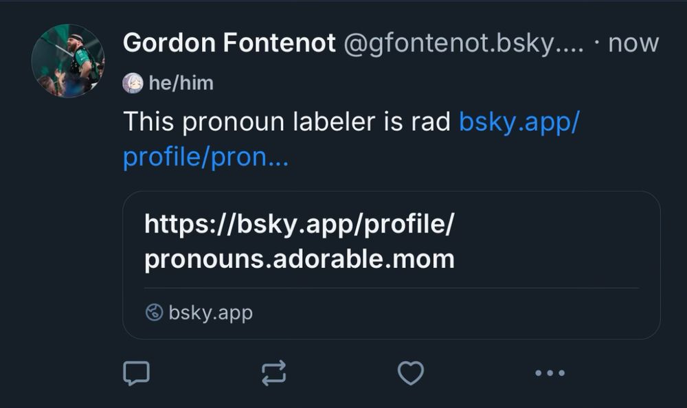 A screenshot of my previous post linking to the labeler. You can see a new “he/him” label below my name.