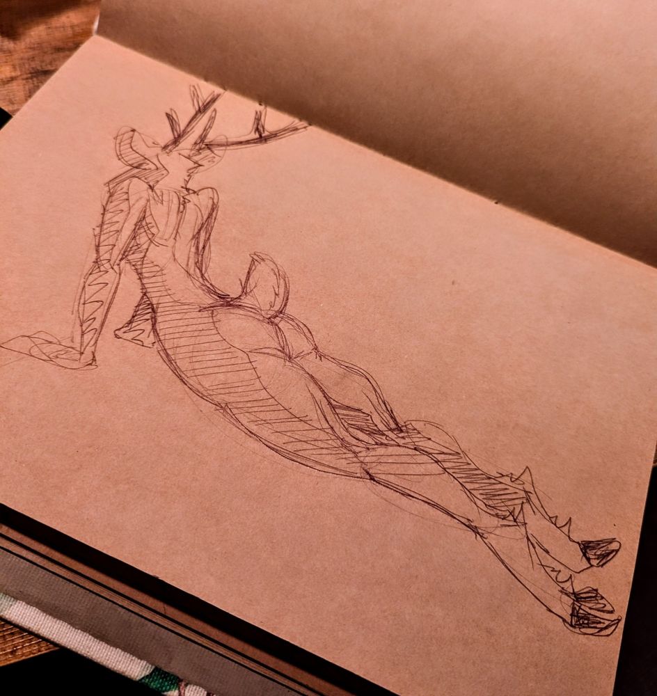 traditional sketch of anthropomorphic deer lying down on their stomach
