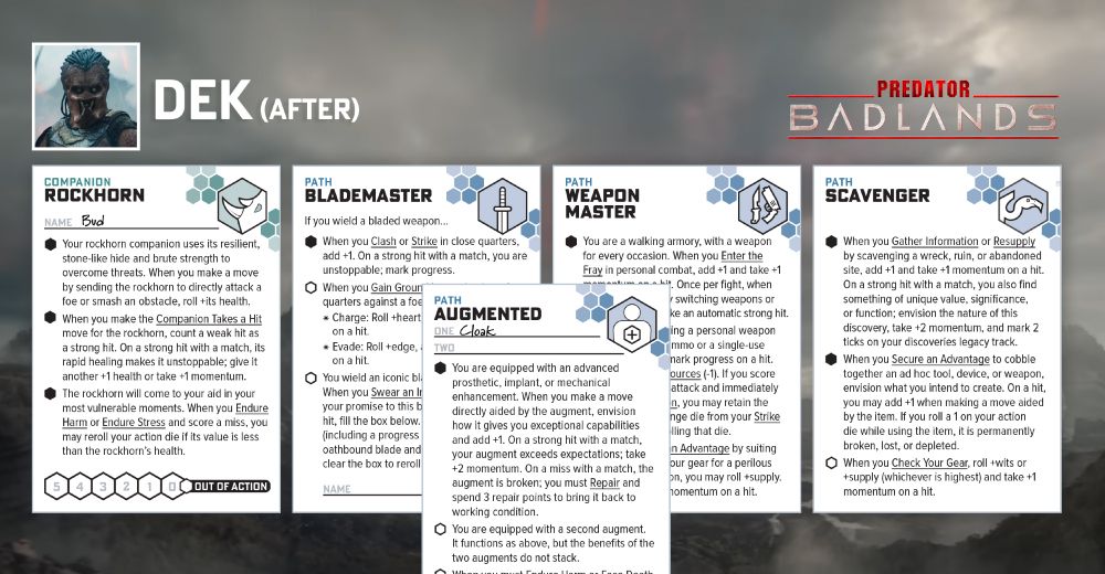 A set of character assets for Ironsworn: Starforged, including Rockhorn (Bud), Blademaster, Augmented, Weapon Master, and Scavenger.