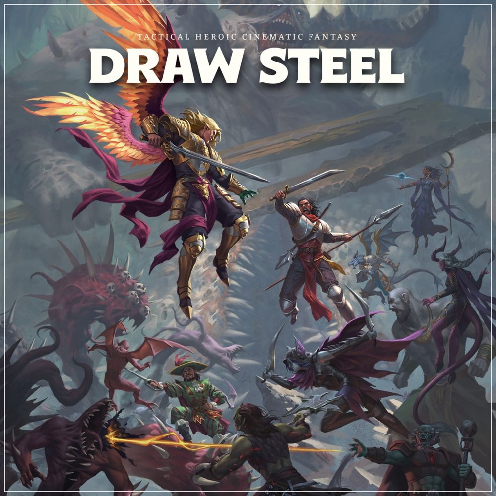 The cover of the Draw Steel RPG, showing an array of warriors in a fight against a variety of fearsome foes.