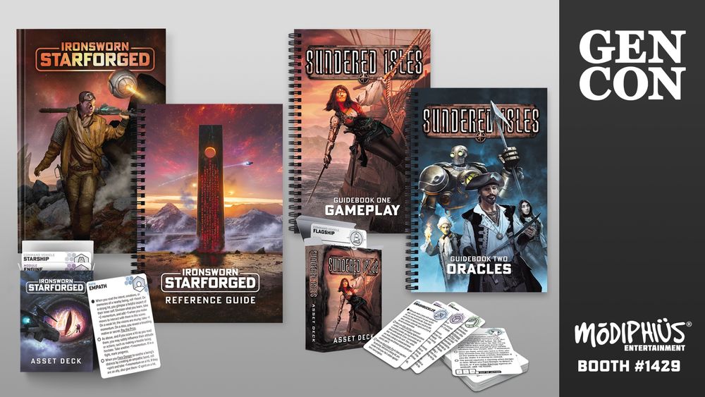 An arrangement of Starforged and Sundered Isles books and cards against a gray background. Includes the GenCon and Modiphius logos, and a reference to booth #1429.