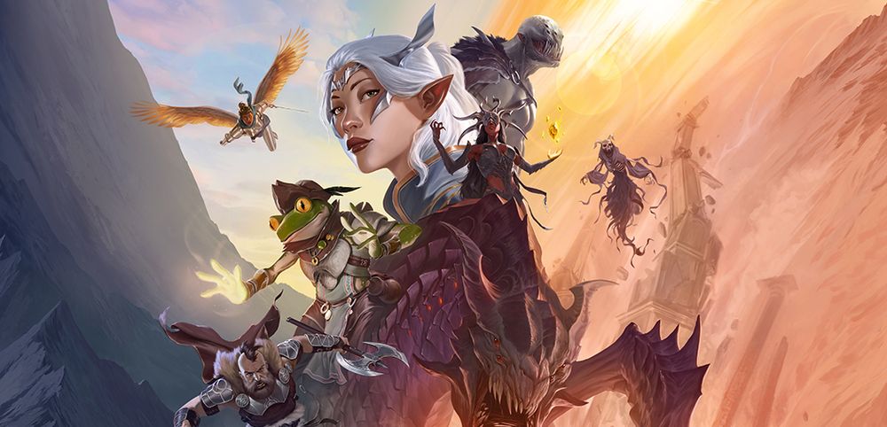 The cover of the Daggerheart RPG, showing a mix of fantasy characters arranged like a movie poster.
