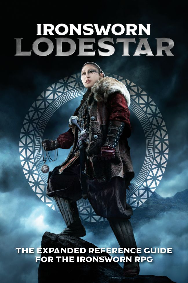 A cover for Ironsworn Lodestar, showing an adventurous figure standing on a rock with a misty mountain and blue clouds behind them. They are holding an iron pendant with an eight-pointed star.