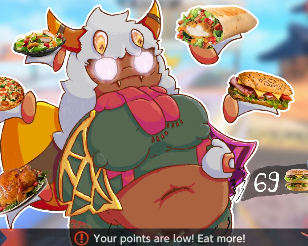 Picture of a transfem design for Taranza from Kirby, having eaten 69 meals already, with the text "Your points are low! Eat more!" at the bottom, despite her large weight. 