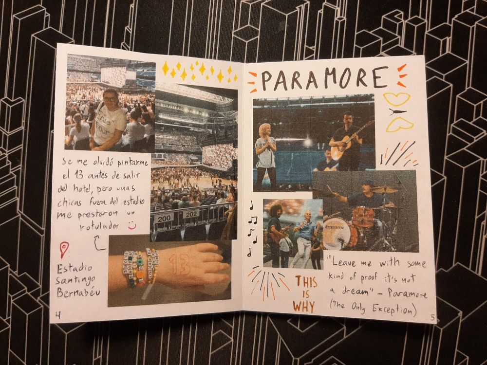 Siguiente doble página. A la izquierda, fotos del escenario del Eras Tour, una mano con un trece pintado y el texto "se me olvidó pintarme el 13 antes de salir del hotel, pero unas chicas fuera del estadio me prestaron un rotulador".
A la derecha, una página titulada "Paramore" con fotos de la banda y el texto: "leave me with some kind of proof it's not a dream" - Paramore (The Only Exception)