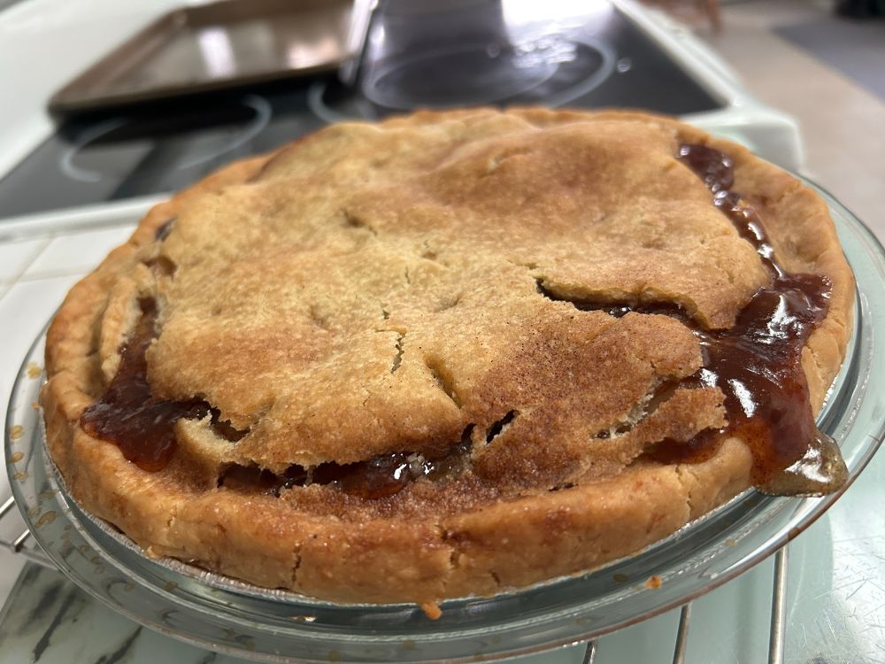 Gluten free apple pie from my oven. 
Extra cinnamon of course.