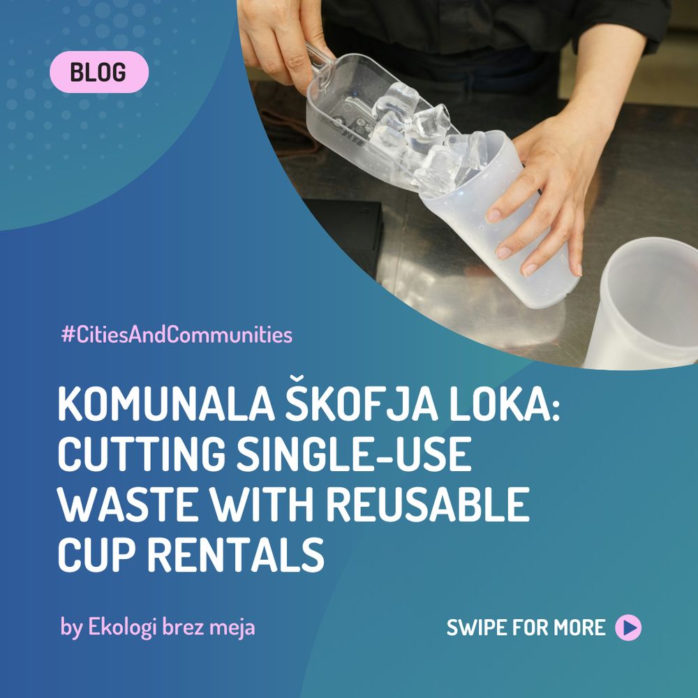 Visual of the blog post title "Komunala Skofja Loka: cutting single-use waste with reusable cup rentals" written by the Slovenian local organisation Ekologi Brez Meja and the image of reusable cups.