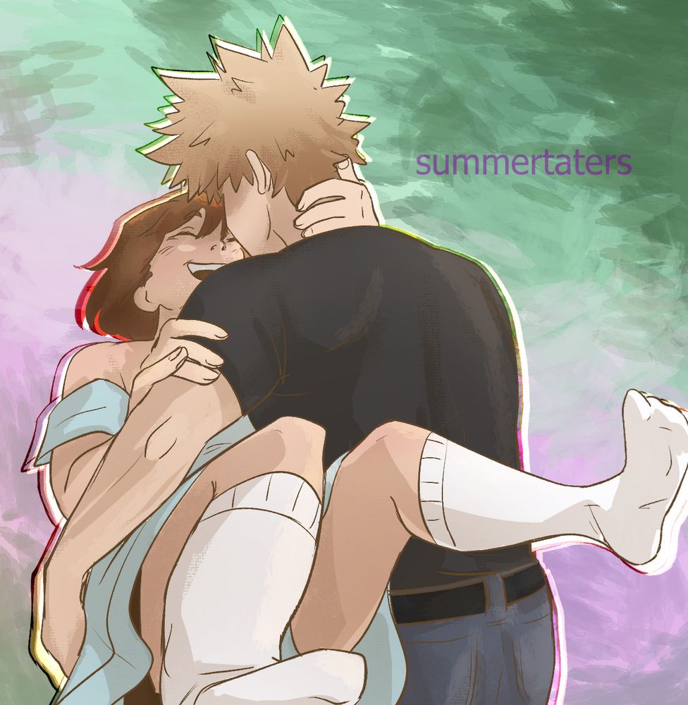 a colored kacchako illustration. Ochako is wearing a sundress, has a large smile, and is being carried by Katsuki. It's implied he's twirling around with her.