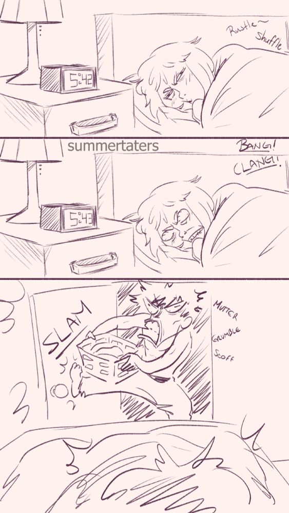 3 Panel Comic. The time is 5:42am, Ochako is shown trying to sleep in bed while loud rustling and banging sounds are happening off screen. She progressively gets angrier. The last panel has Katsuki slamming the bedroom door open, carrying a basket of laundry. He's muttering and grumbling to himself.