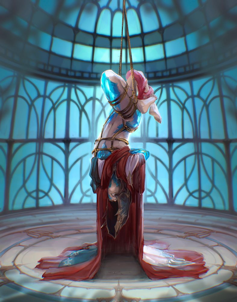 the crystal exarch hangs upside down somewhere in the crystarium, bound by golden ropes. he bites his hood in an attempt to keep it covering his face, while the rest of his body is exposed as his robes pool beneath him. the shadows of a crowd are faintly visible at the bottom.