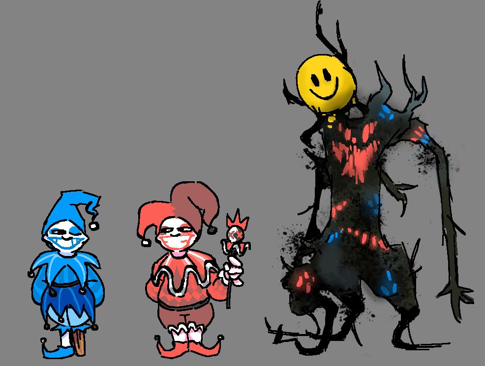 Humanoid (mostly) designs for the odd todd, even steven, smiley face, and scary face joker cards from Balatro. Odd Todd and Even Steven being their own individuals whereas Smiley Face and Scary Face form a single amalgamation.