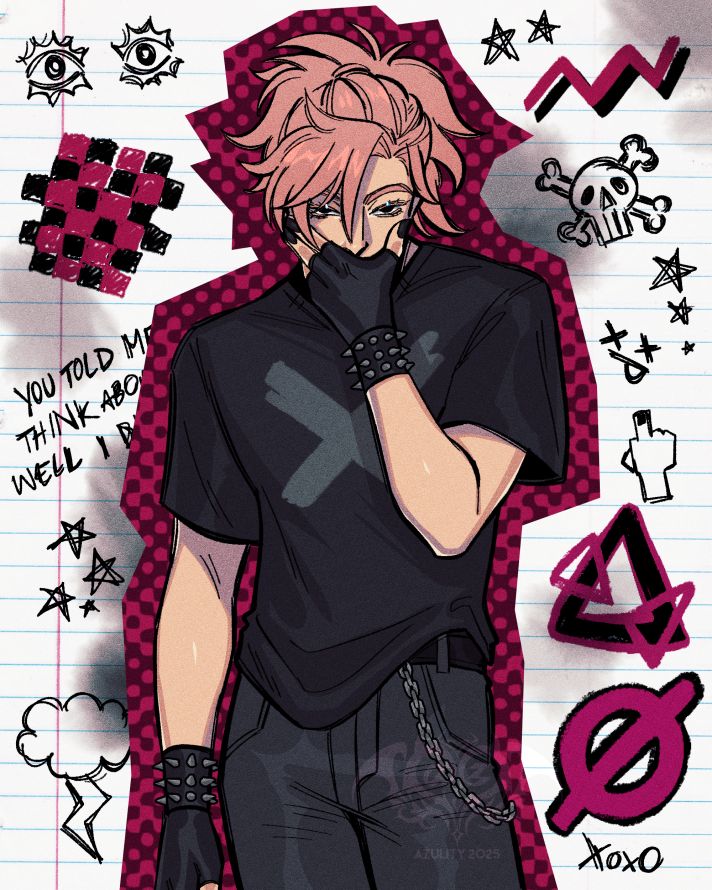 A pink haired emo teen wearing an all black/grey outfit with chains and spiked accessories. He covers the bottom half of his face with his left hand, his eyes looking to the viewer. The backdrop is supposed to resembled a lined sheet of paper with doodles/scribbles all over it, while his body itself has a red checkered outline.
