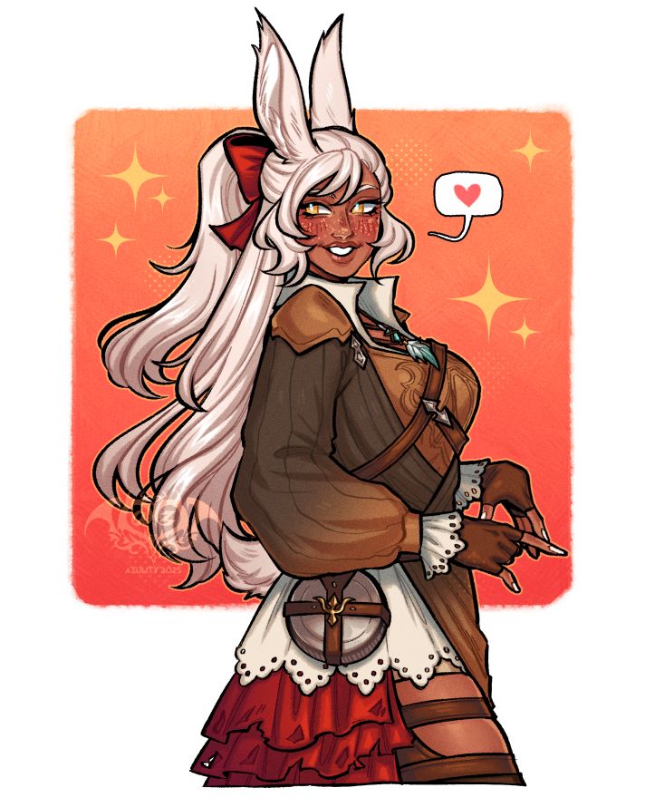 Artwork of a white haired viera original character from Final Fantasy 14. She is depicted in adventuring gear, with her hair half-up with a red ribbon. She looks to the viewer with a smile, and a speech bubble with a heart.