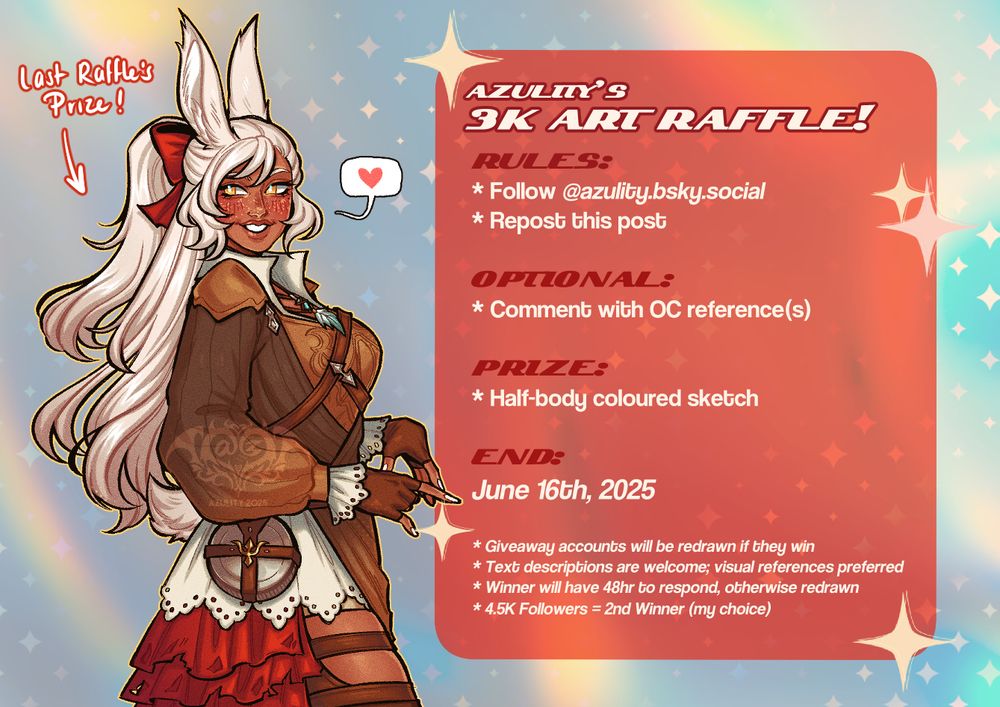 Azulity's Art Raffle promo!
Rules: 
- Follow me
- Repost this post
- Optional show your OC in comments
- Prize: Half-body coloured sketch
- End: June 16th
