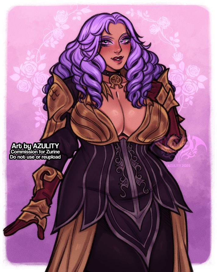 VGen commission of the client's original character - a curvaceous elven woman with purple princess curls donning gold and black armour with red accents. 