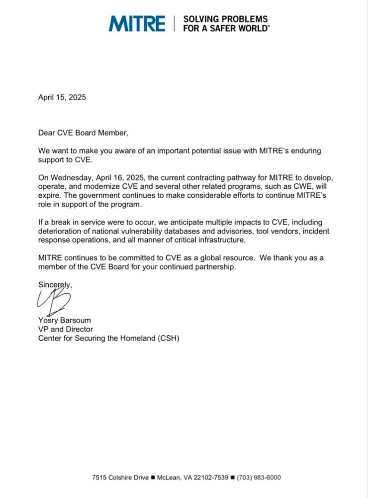 A letter from MITRE, directed to board members of CVE stating that MITRE will stop supporting CVE and CWE.