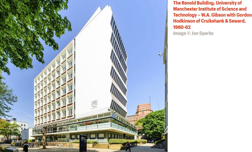 Building, mostly white concrete. 2 lower floors mostly glass, then 6 levels above, primarily offices