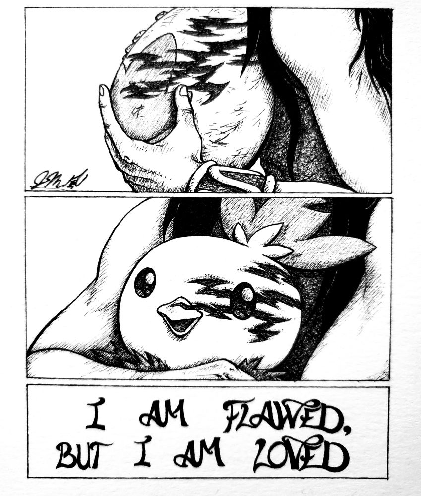 The 1st panel shows someone holding a Pokémon egg very tightly to his chest. The egg has large scratches on the left side of it. The 2nd panel shows the same person holding a very happy Torchic with a huge scar that's the same as what the egg had. The last panel says "I am flawed, but I am loved."