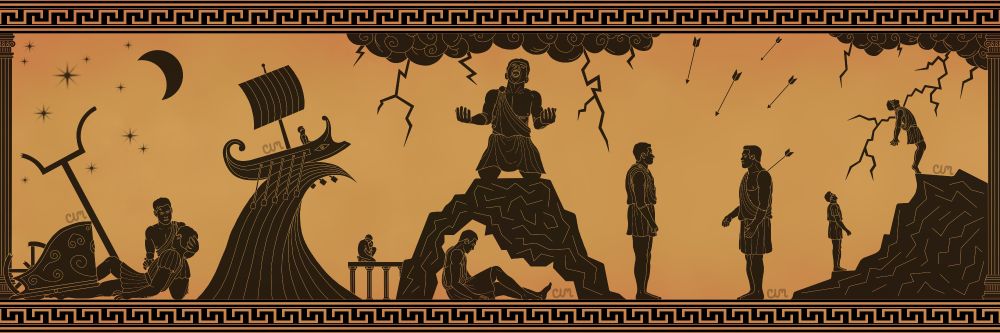 Digital art of the five Buddie NDEs portrayed as images seen on Greek amphora. NDE 1 had Buck crushed during a chariot race and Eddie cradles his head. NDE 2 has Buck hugging Chris on a pier while Eddie rides in a boat on the tsunami. NDE 3 has Eddie buried in a hill with Buck kneeling on top screaming as lighting comes from the clouds. NDE 4 has Eddie shot with an arrow as Buck watches, there are more arrows in the sky. NDE 5 has Eddie at the base of a hill watching as Buck at the peak gets struck by lightning.