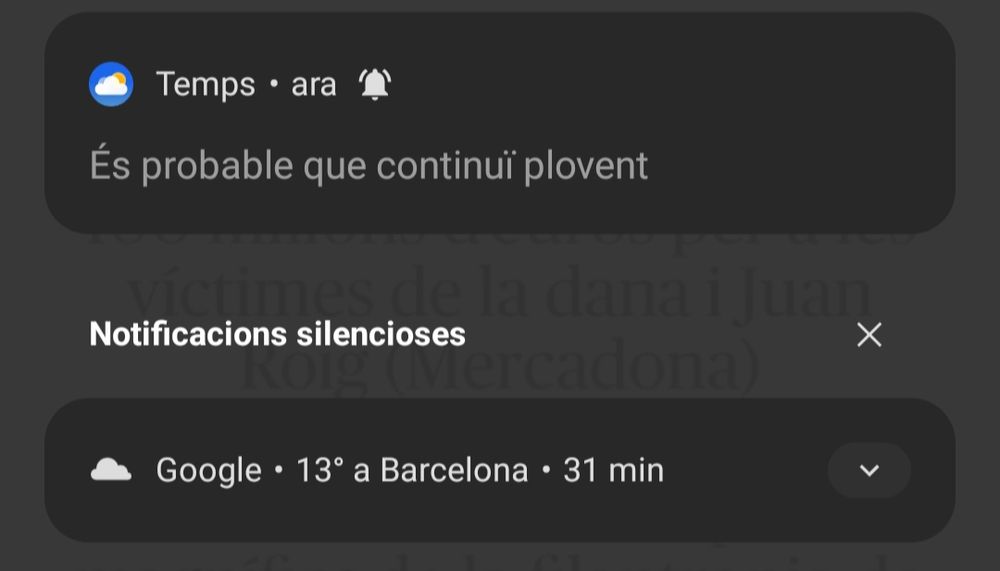 Captura de pantalla del telèfon amb una avís meteorològic.