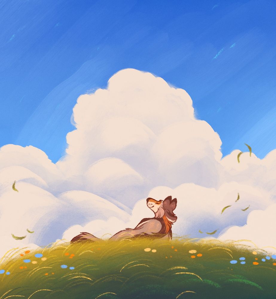 A digital illustration of a wolf lying on a grassy hill and facing toward a cloudy sky, happily. There are orange, yellow, and sky blue flowers on the hill. The sky is a deep blue with a huge cumulonimbus cloud rising up at its center. Blades of grass dance in the breeze around the wolf. 