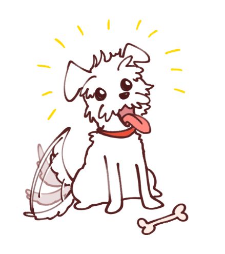 the mascot of RCJCL ventures, a white terrier mix named Max! he's sitting happily and wagging his tail