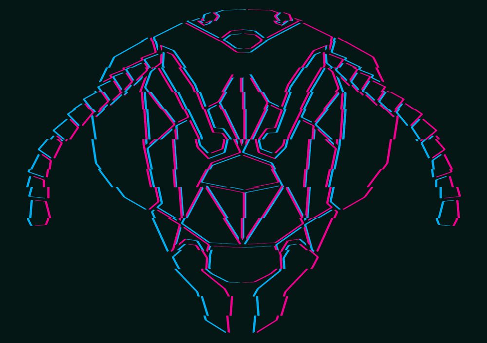 A stylized polygonal bee head. A dark background with "glitchy" cyan and magenta outlines poking out left and right a hinted blocky design with shifted lines all over