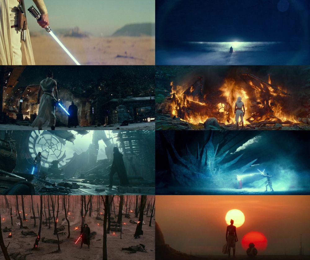 a compilation of screenshots from star wars, episode IX: the rise of skywalker. there are eight images. left to right, top to bottom: rey holding the ignited skywalker lightsaber on pasaana. kylo ren approaching the entrance to the sith temple on exegol. rey faces kylo ren in a duel on kijimi. rey looks on at the burning wreckage of kylo ren’s stolen tie silencer on ahch-to. kylo faces rey within the destroyed throne room of the death star wreckage on kef bir. rey uses the skywalker lightsaber and leia’s lightsaber to reflect palpatine’s force lightning and destroy him on exegol. kylo ren on mustafar surrounded by forest and bodies. finally, rey looking on at the twin suns of tatooine with bb-8 at her side.
