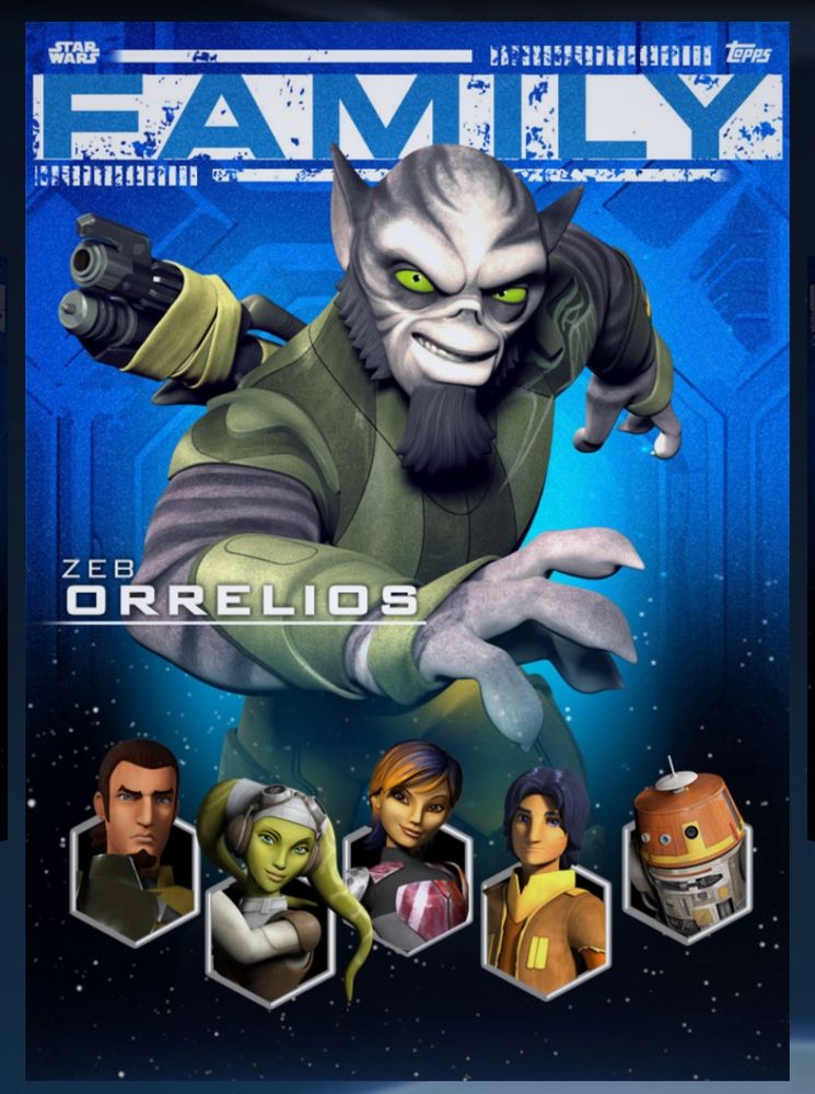 topp’s trading card from their family set featuring zeb orrelios. below him are smaller portraits of kanan, hera, sabine, ezra, and chopper. large text at the top reads “FAMILY”.