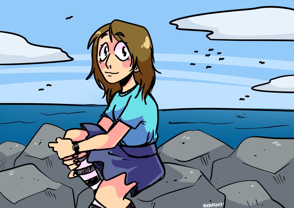 sophie in a teal tee with a blue skirt and pink knee socks, sitting on the rocks of veracruz beach, posing for an artist. A calm blue sea in the background gives way to light blue skies, with seagulls and a few clouds dotting the horizon 