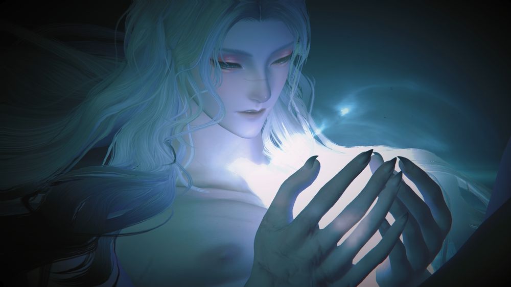 closeup of yuun as they gaze upon the light held in her hands.