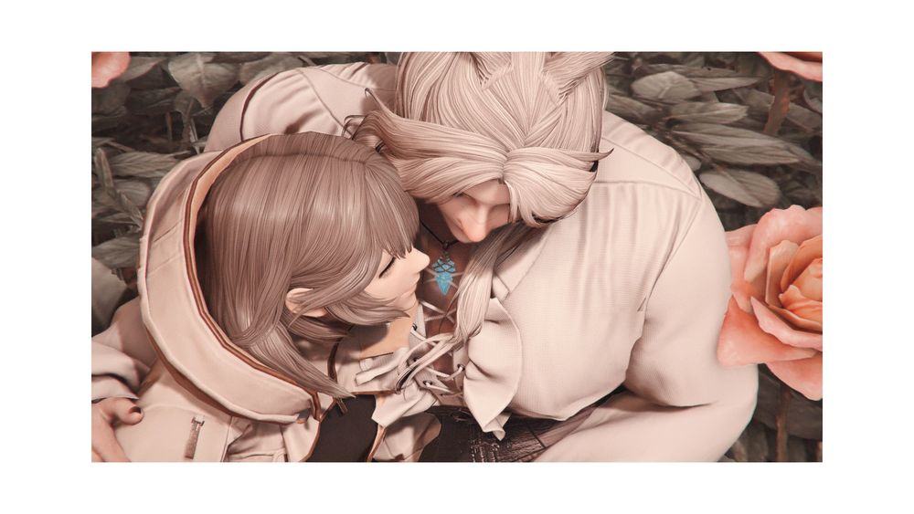 same gpose but an above angle, for no reason surely. sphene and yuun appear as though they are sharing a secret between themselves, smiles only just visible on their lips.