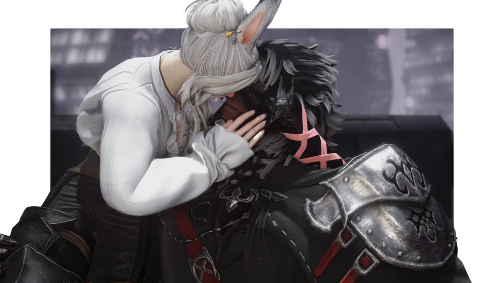 follows the last gpose. yuun has a hand gently touching drakos' horn as they lean in to kiss her.