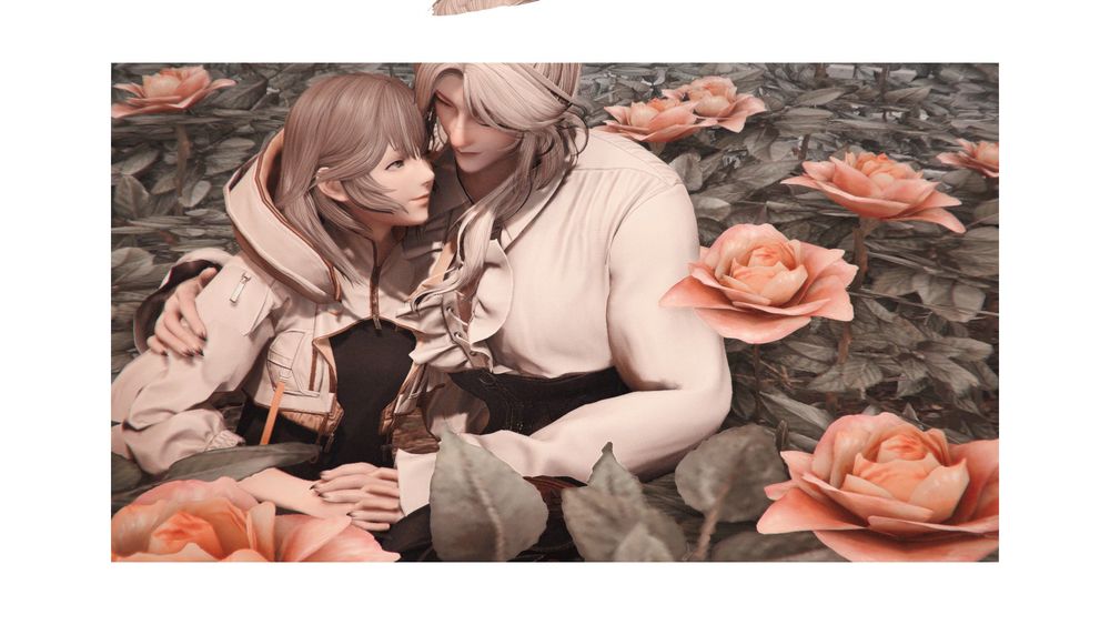 sphene and yuun ( they/she/he ) sitting together in a field of blooming flowers. their hands are clasped together and sphene peers towards yuun with a knowing look, whose head is already turned gently towards sphene.