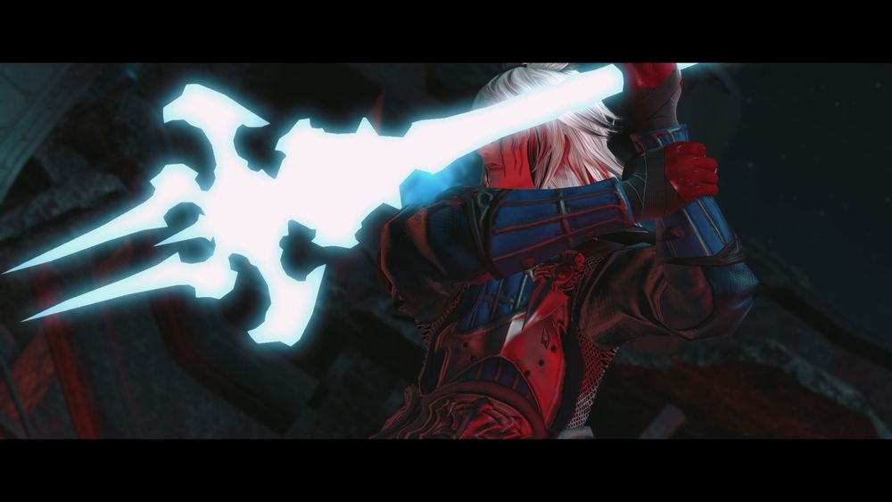 a shot showing yuun ( ??? ) gripping the spear of light. her other arm has grabbed the wrist of the one grasping the weapon, gripping tightly to prevent its movement. the lower half of yuun's face can be seen, teeth grit, tears mingling with blood streaming down her face. her eyes are not visible.