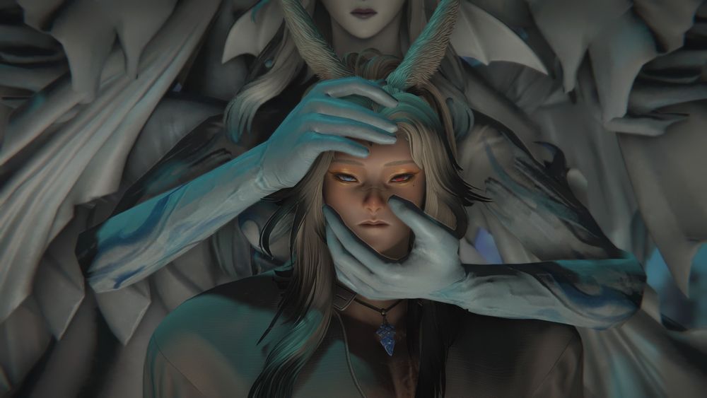 yuun as an adult, as she appears in the shadowbringers patches & all of endwalker, near the end of her hero's journey. hydaelyn looms over her as a shadow of light, her hands gentle yet forceful as she holds yuun's face to stare towards the viewer.
