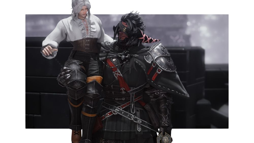 gpose of yuun ( she/they/he ) & drakos ( she/they ). drakos has scooped her up, much to her surprise. a smile can be seen on drakos' face