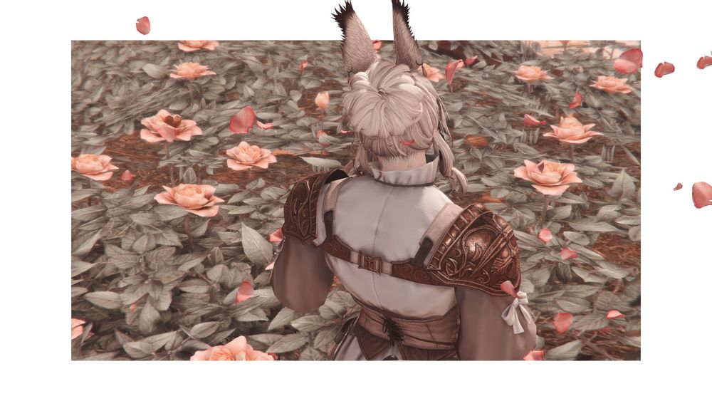 gpose screenshot of yuun ( viera — they/he/she ) amongst a recreation of the same roses in bloom, back to the viewer as they are meant to be a 'reflection' of sphene.