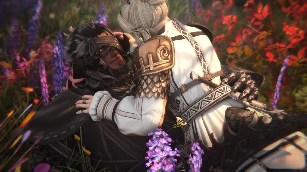 same premise, but perspective from opposite side & slightly above. drakos' face is completely visible from this angle. her hand rests over yuun's lower back, a finger in the gap between yuun's dagger belt and waist.