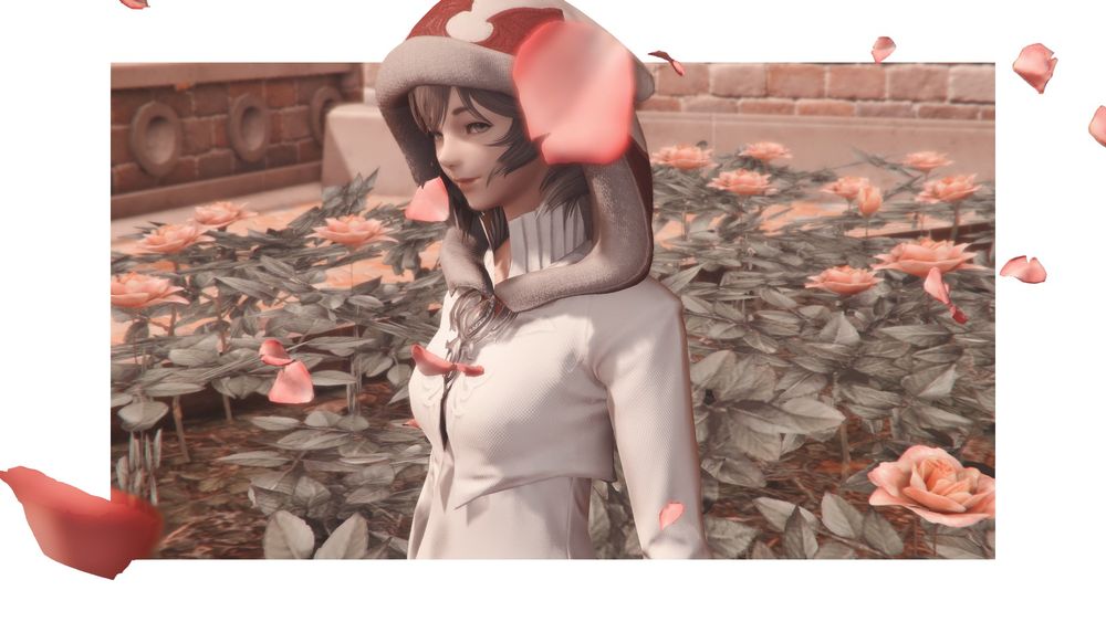 screenshot depicting the princess sphene of the past, standing amidst a patch of blooming roses. she is in disguise, possibly having slipped out of the palace for just a moment. her hood and garments are meant to evoke the princess garnet of final fantasy 9.