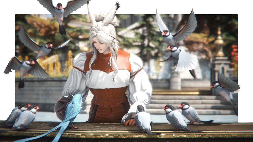 gpose of yuun ( she/they/he ) meant to bring to mind a Certain Cutscene in final fantasy 9. she stands at an outdoor balcony, having attracted the attention of birds. one she dotes on is the starbird.