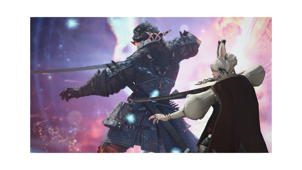 white framed gpose of drakos & yuun ( she/they for both ). drakos is in blue in the background, whilst yuun is in red in the foreground. both have swords drawn and are in similar but not same stances, their blades parallel to one another. red & blue smoke and aether surrounds and acts as backdrop.

there is a twofold implication; one, that yuun is emulating drakos' form; two, that they are in sync with one another like this, with both of them already knowing how the other fights.