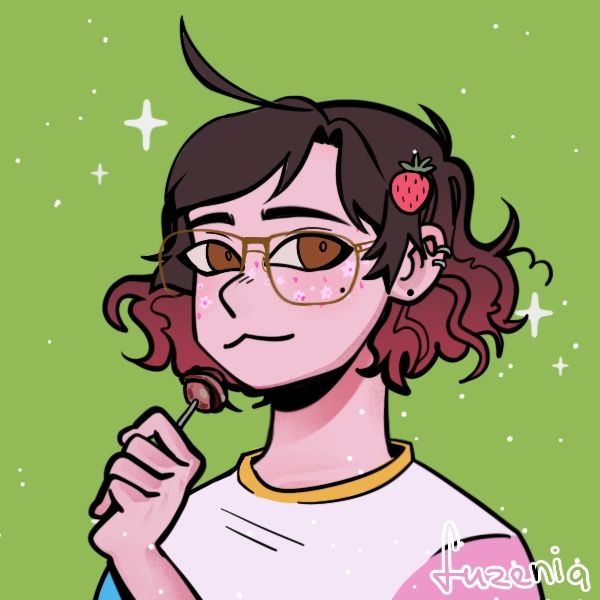 a stylized drawing of a person with a short brown bob and brown eyes, smiling slightly and holding a lollipop. they have a strawberry hair clip, glasses, and some silver cuff earrings.