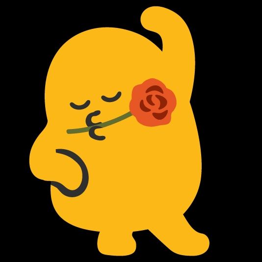a fat yellow blob striking a fancy dance pose holding a rose in its mouth